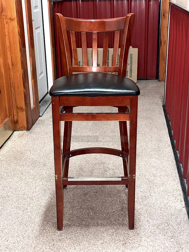 HIGH QUALITY! Lancaster Table & Seating Mahogany Ladder Back Bar Height Chair with Black Padded Seat & Foot Rest. 17x17x24 2x Your Bid Width
 - Image 6 of 7