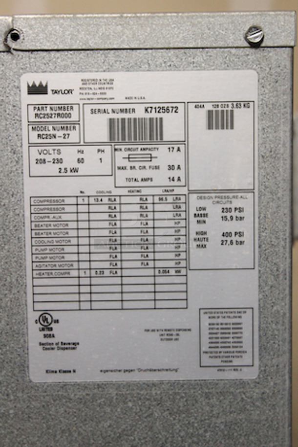 BEAUTIFUL! Taylor RC25N-27 Remote Condensing Unit Used With Frozen Margarita Dispenser. 208-230v/60hz/1ph  21-1/2x23-1/4x21-7/8.
Removed In Working Order From Fat Tuesday. - Image 2 of 6