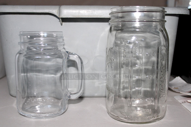 BUS TUB FULL! Pint Size Jar Glasses With Handles and Quart Size Regular Mouth Glass Mason Jars & Bus Tub. (9) Pint Size; (5) Quad Size 15x Your Bid - Image 2 of 3