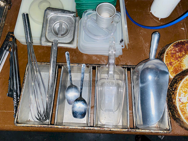 ALL FOR 1! Includes Everything Except The Rack.  Some of The Items Include: 20 Hole Cupcake/Muffin Pan, Syrup Merchandisers, Dough Scale, Variety of Pans and Containers, Lids, Bread Pan, Tongs, Ice Scoops, Chaffers, Full Size Baking Sheets PLUS MUCH MORE!! 
 - Image 5 of 12