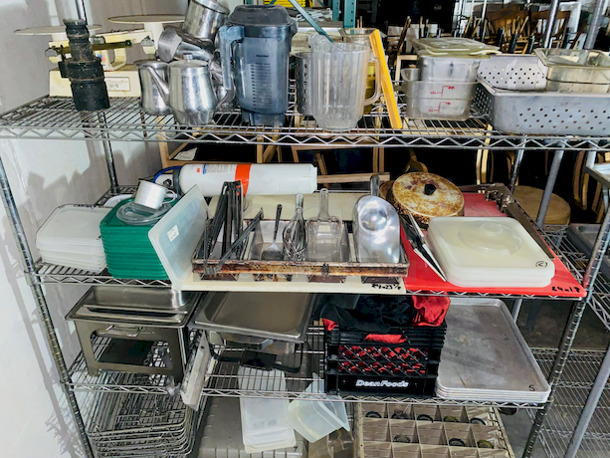 ALL FOR 1! Includes Everything Except The Rack.  Some of The Items Include: 20 Hole Cupcake/Muffin Pan, Syrup Merchandisers, Dough Scale, Variety of Pans and Containers, Lids, Bread Pan, Tongs, Ice Scoops, Chaffers, Full Size Baking Sheets PLUS MUCH MORE!! 
