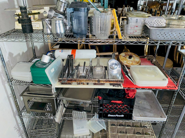 ALL FOR 1! Includes Everything Except The Rack.  Some of The Items Include: 20 Hole Cupcake/Muffin Pan, Syrup Merchandisers, Dough Scale, Variety of Pans and Containers, Lids, Bread Pan, Tongs, Ice Scoops, Chaffers, Full Size Baking Sheets PLUS MUCH MORE!! 
 - Image 1 of 12