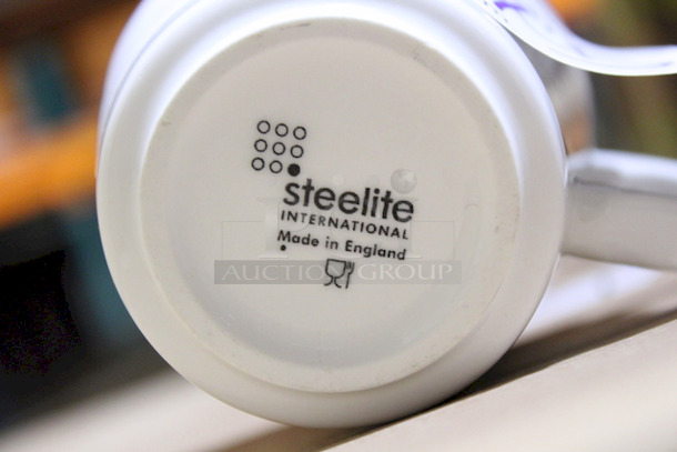 HUGE LOT! Steelite 75 Coffee Cups White With Copper Pattern With Glass Racks. 75x Your Bid.  - Image 5 of 5