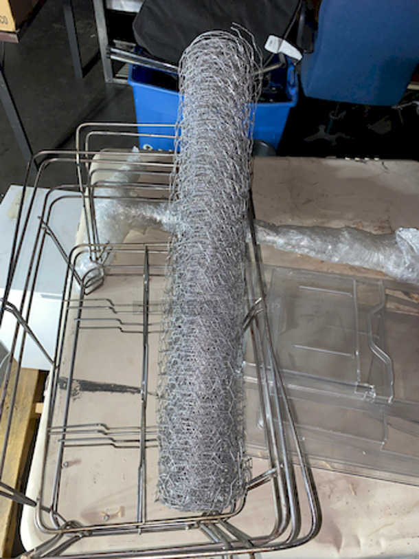 PALLET FULL! Includes: BRAND NEW, NEVER USED APW Wyott HFW-1D, Hot Well, 120v, Commercial Swamp Cooler, Missing the Motor and Once Side Cover, Sliding Full Size Pan Lids, Chaffers, Chicken Wire, Ceiling Menu Board Mount, Mini-Refrigerator.  - Image 8 of 10