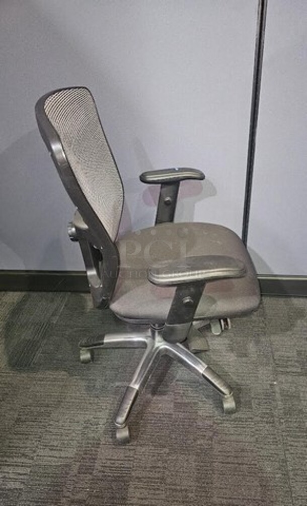 ALL ONE MONEY Open Plan brand office chair with armrests. Features a grayish mesh backing and black cushioned seat with black and gray metal frame on wheels. Set of 2. In good used condition. Measure 42” H x 25” W.  

 - Image 2 of 3