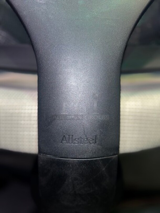 Adjustable AllSteel brand office chairs. No tears or rips, in good used condition! Off-white upholstered seat with a black mesh back and a black metal frame on wheels. Perfect for training rooms, large offices or anywhere that a larger number of matching seating would be preferred. Measure 38.5” H x 19” W.  BIDX10 - Image 3 of 3