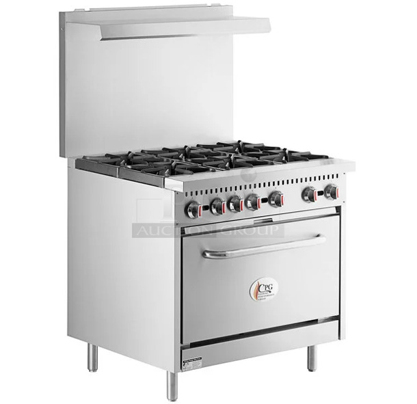 BRAND NEW! CPG Model 351S36N Stainless Steel Commercial Natural Gas Powered 6 Burner Range w/ Oven. Comes w/ Backsplash, Over Shelf, Extra Grate, 2 Extra Burners and 2 Extra Knobs. Stock Picture Used For Gallery. 36x31x31