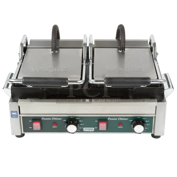 BRAND NEW SCRATCH AND DENT! 2023 Waring WFG300 Stainless Steel Commercial Countertop Double Panini Press. 240 Volts, 1 Phase.  - Image 1 of 5