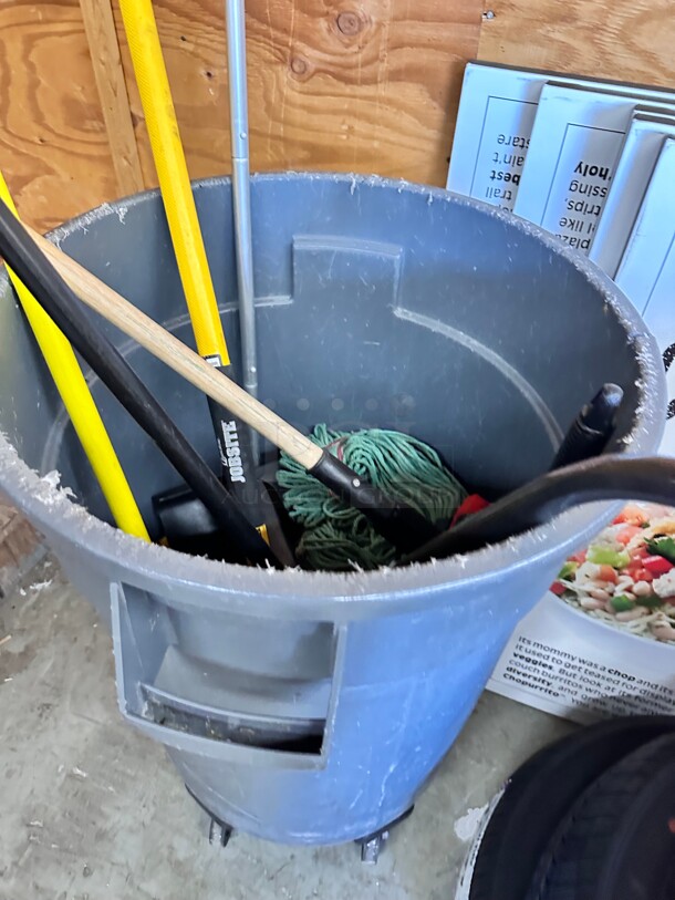 One Lot Gray Trash Container with Cleaning Supplies  - Image 1 of 5