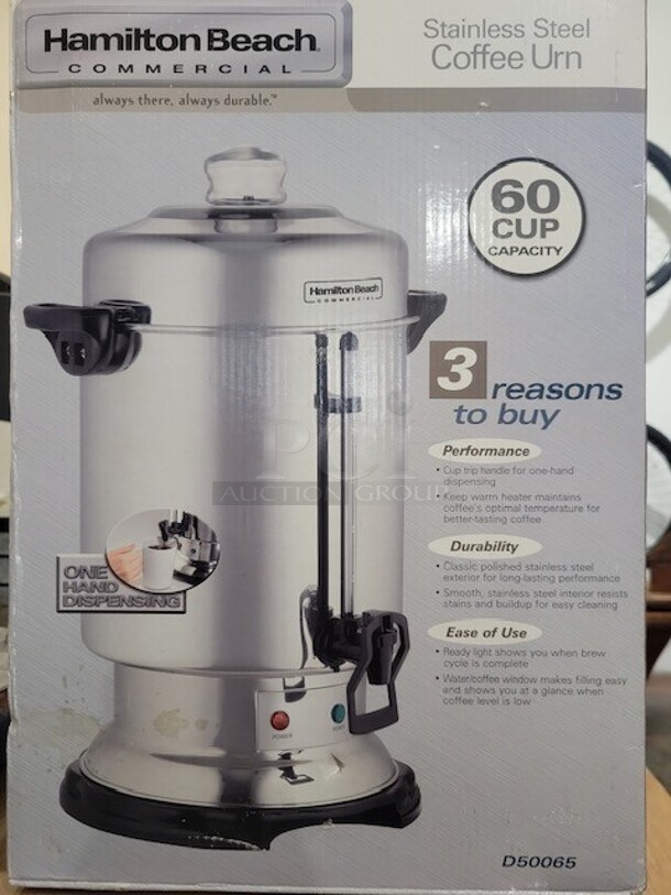 New in a Box! Hamilton Beach Commercial Stainless Steel Coffee Urn 60 Cups Capacity NSF 115 Volt Tested and Working!