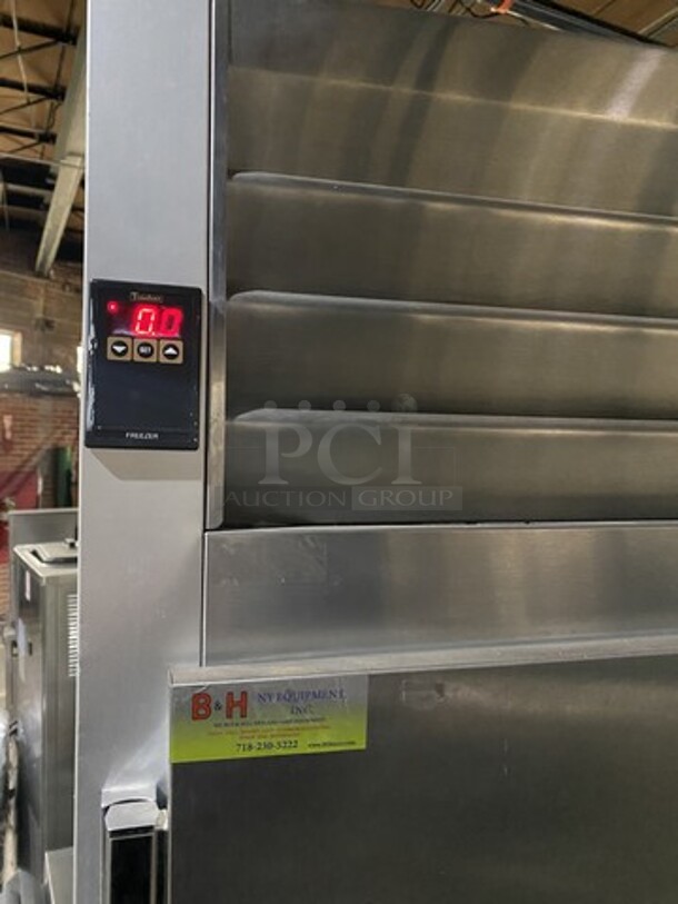 COOL! Traulsen 2 Door Reach In Freezer Unit! With Poly Coated Racks! All Stainless Steel! On Casters! Model: G22010 SN: TT50688J13 115V 60HZ 1 Phase! Works Great!  - Image 11 of 11