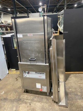 Champion Commercial Pass-Through Dishwasher Machine! All Stainless Steel! On Legs! With Right Side Dishwasher Table! With Back And One Side Splash! Model: DHBT SN: D11038937 208/240V 60HZ 3 Phase