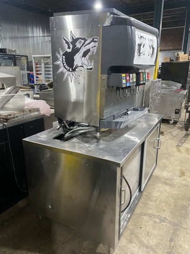 Cornelius 8 Spout Beverage Dispensing Center With Ice Bin! On All Stainless Steel Heavy Duty Beverage Counter With Underneath Storage! Model ED200 Serial 62B1145ED202! 115V 1 Phase!  - Image 2 of 8