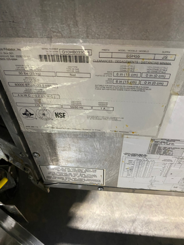 Pitco Frialator Commercial Natural Gas Powered 2 Bay Deep Fat Fryer With Dump Station! With Oil Filter System! All Stainless Steel! On Casters! Model: SSH55 SN: G10HB033045 - Image 10 of 12