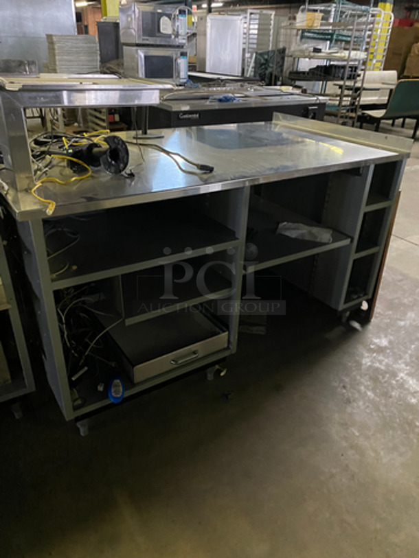 AMAZING! Duke Stainless Steel Commercial Subway Prep Line w/ Lowering Sneeze Guards. (1) Hot Well, (2) Refrigerated Prep Tables, (1) Point of Sale Station, 4 In Counter Cup Dispensers, (4) Chip Merchandisers, Credit Card Machine Mount and Rear Lower Dry Storage. Separates Into 4 Pieces! Model: SUBCPTC60M SN: 03051737 120V 60HZ 1 Phase - Image 7 of 8