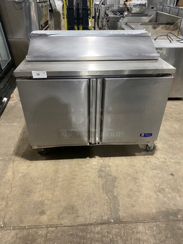 Migali Commercial Refrigerated Mega Top Sandwich Prep Table! With 2 Door Storage Space Underneath! Poly Coated Racks! All Stainless Steel! On Casters! Model: G3SP4812 SN: 10120088M 115V 60HZ 1 Phase - Image 1 of 9