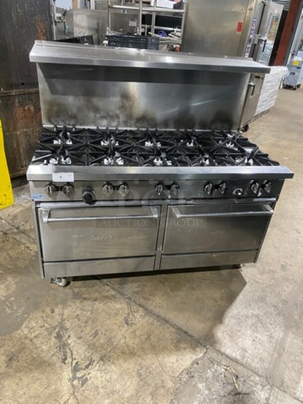 GREAT! Sunfire Commercial Natural Gas Powered 10 Burner Stove! With Raised Back Splash And Salamander Shelf! With 2 Full Size Oven Underneath! All Stainless Steel! On Casters!