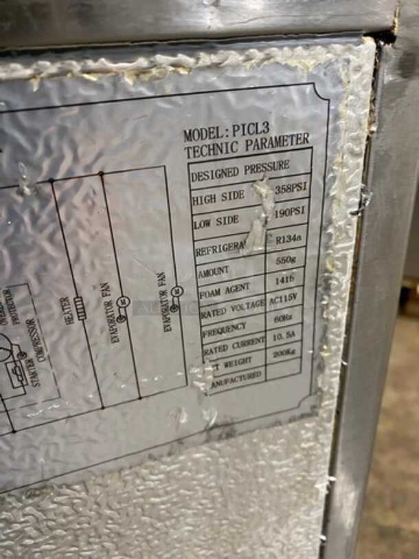 EQ Kitchen Line Commercial Refrigerated Pizza Prep Table! With Commercial Cutting Board! With 3 Door Storage Space! Poly Coated Racks! All Stainless Steel! Model: PICL3 SN: 6455410816102206 115V - Image 10 of 11