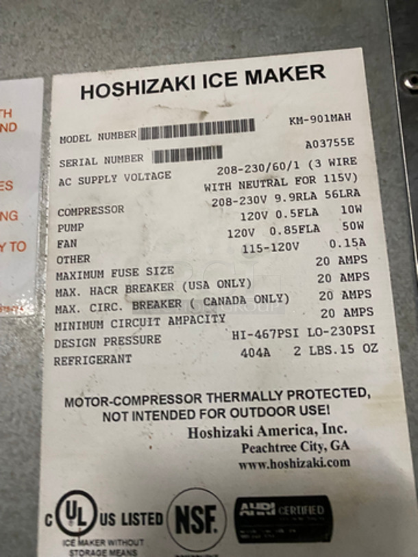 Hoshizaki Commercial Ice Maker Machine! On Commercial Ice Bin! All Stainless Steel! NOT TESTED!  Model: KM901MAH SN: A03755E 208/230V 60HZ 1 Phase - Image 7 of 8