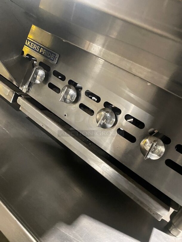 Bakers Pride Commercial Countertop Natural Gas Powered 48 Inch Char Broiler Grill! On Commercial 60 Inch Equipment Stand! With Underneath Storage Space! All Stainless Steel! On Casters! Working When Removed! Model XX8 Serial 592381707002!  - Image 7 of 10