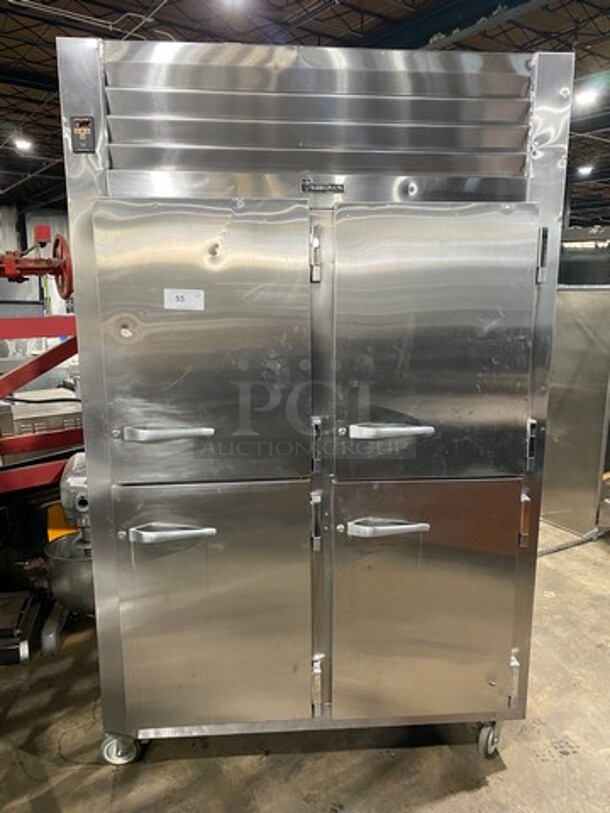 COOL! Traulsen Commercial 4 Split Door Reach In Refrigerator! With Racks! All Stainless Steel! On Casters!
