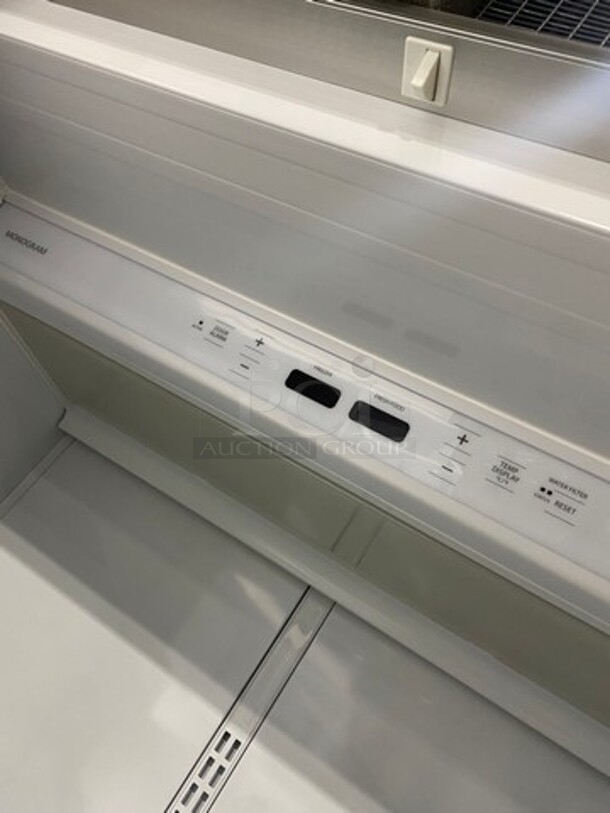 Monogram Upright Half Cooler Half Freezer Combo Unit! Single Cooler And Single Drawer Freezer! With Poly Coated Racks And Shelves! Stainless Steel! - Image 9 of 11
