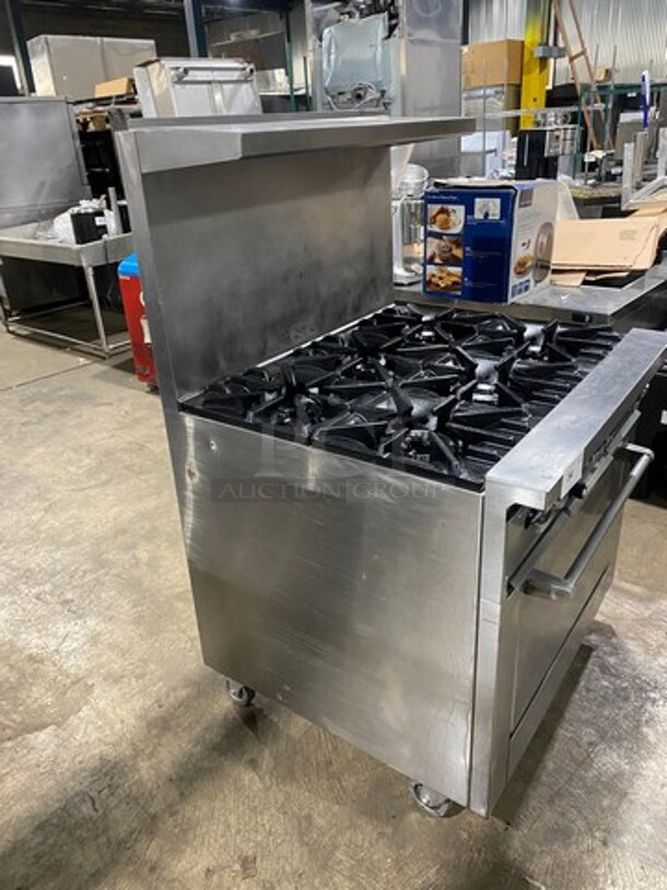 Sunfire Commercial Natural Gas Powered 6 Burner Stove! With Raised Back Splash And Salamander Shelf! With Oven Underneath! All Stainless Steel! On Casters! - Image 2 of 8