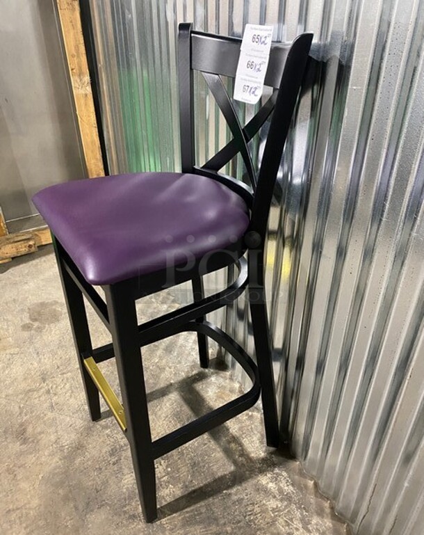 WOW! New! Solid Beech Wood Cross Back Commercial Bar Stool! With Purple Vinyl Seat! 2x Your Bid! - Image 2 of 7