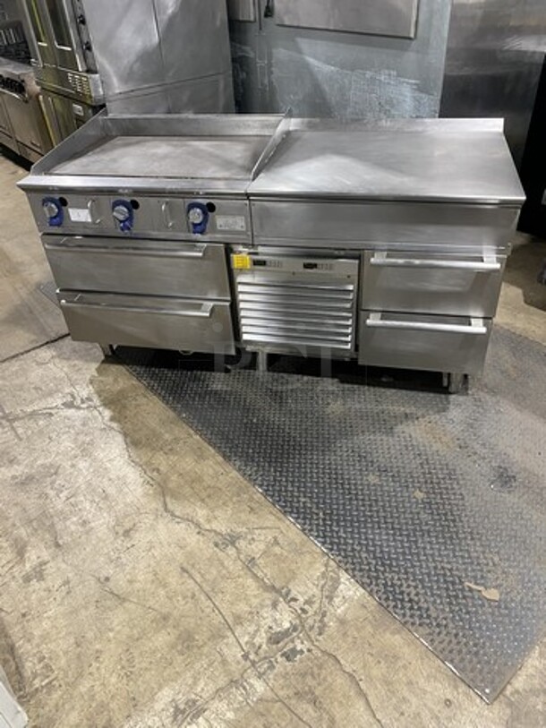 Fab! Electrolux Professional Custom Built Natural Gas Powered 36 Inch Flat Griddle & Work Prep Table Combo! With Underneath 4 Drawer Refrigerated Chef Unit! Model ARG36FL Serial 01300005! On Casters!  