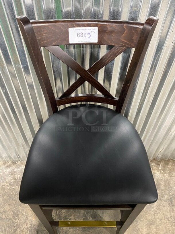 WOW! New! Solid Beech Wood Cross Back Commercial Bar Stool! In Cherry Wood With Black Vinyl Seat! 3x Your Bid! - Image 5 of 7
