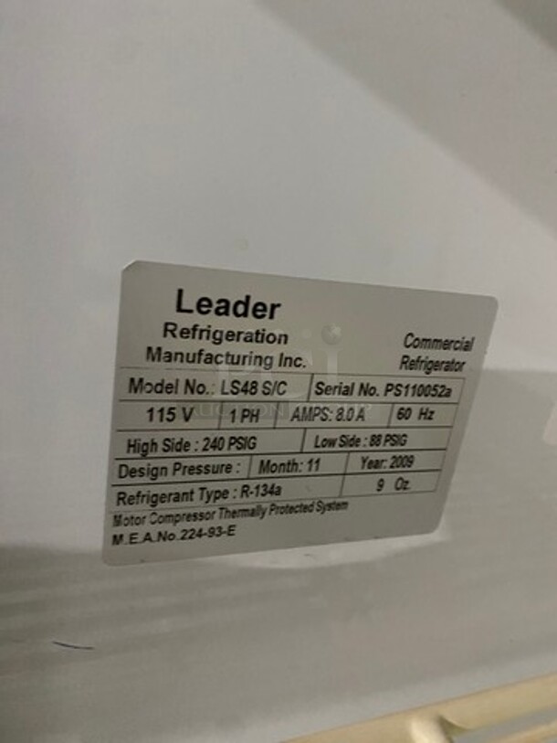 2009 Leader Commercial 2 Door Reach In Cooler Merchandiser! With View Through Doors! With Poly Coated Racks! All Stainless Steel! Model: LS48SC SN: PS110052A 115V 60HZ 1 Phase - Image 6 of 7