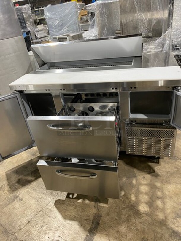 NICE! Continental Commercial Refrigerated Sandwich Prep Table! With Commercial Cutting Board! With 2 Door And 2 Drawer Underneath Storage Space! Poly Coated Racks! All Stainless Steel! On Casters! Model: RA60N12 SN: 16169412 115V 60HZ 1 Phase - Image 5 of 12