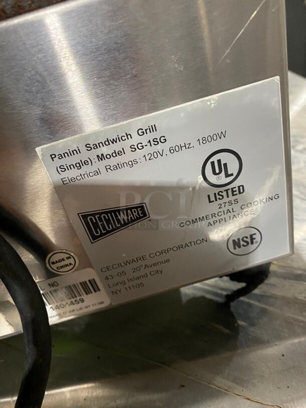 Cecilware Stainless Steel Countertop Electric Panini Sandwich Grill! MODEL SG-1SG 120V  - Image 5 of 8
