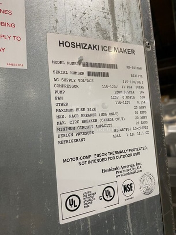 Hoshizaki Commercial Ice Maker Machine! With Commercial Ice Bin! All Stainless Steel! On Legs! Model: KM501MAH SN: R23117L 115/120V 60HZ 1 Phase - Image 6 of 8