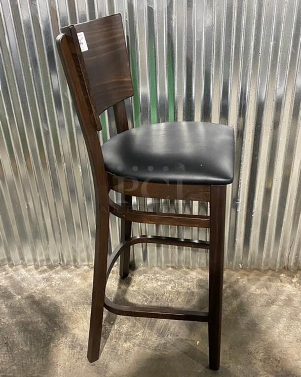 NICE! BRAND NEW!  Square Back Walnut Solid Wood Restaurant Bar Stool With Black Vinyl Seat! 2x Your Bid! - Image 2 of 7