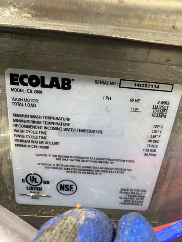 Jackson Ecolab Commercial Pass-Through Dishwasher Machine! All Stainless Steel! On Legs! Model: ES200 SN: 14I297114 115V 60HZ 1 Phase - Image 9 of 12