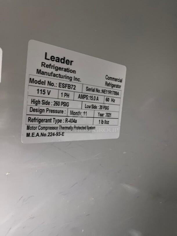 SWEET! LATE MODEL LIKE NEW! BARLEY USED! 2021 Leader Stainless Steel Low Boy Under Counter Freezer! MODEL ESFB72 SN: NE11RI789A 115V 1PH! Working When Removed! - Image 7 of 8