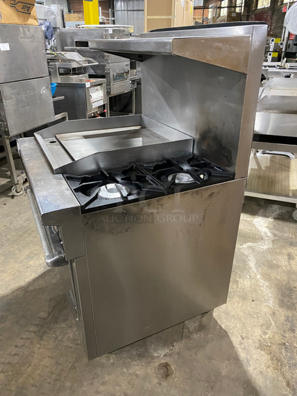 AMAZING! Therma Tek Commercial Natural Gas Powered Flat Top Griddle! With Right Side 2 Burners! Griddle Has Side Splashes! Raised Backsplash And Salamander Shelf! With Oven Underneath! Metal Oven Rack! All Stainless Steel! On Casters! - Image 2 of 11