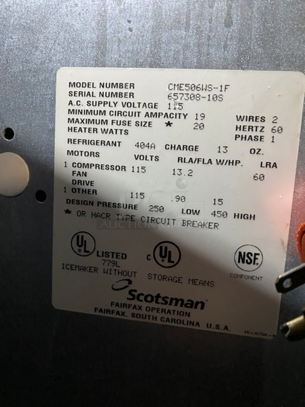 Scotsman Commercial Ice Maker Machine! With Commercial Ice Bin! All Stainless Steel! On Legs! 2x Your Bid Makes One Unit! Model: CME506WS1F SN: 65730810S 115V 60HZ 1 Phase - Image 6 of 8
