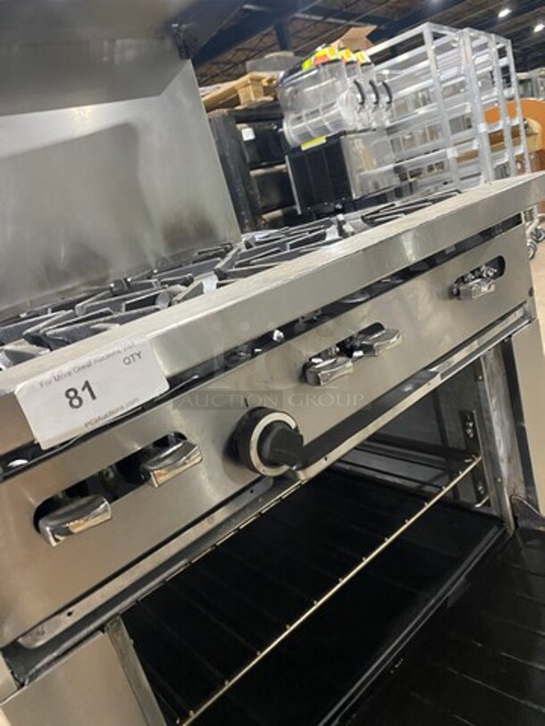 Sunfire Commercial Natural Gas Powered 6 Burner Stove! With Raised Back Splash And Salamander Shelf! With Oven Underneath! All Stainless Steel! On Casters! Working When Removed!  - Image 9 of 10