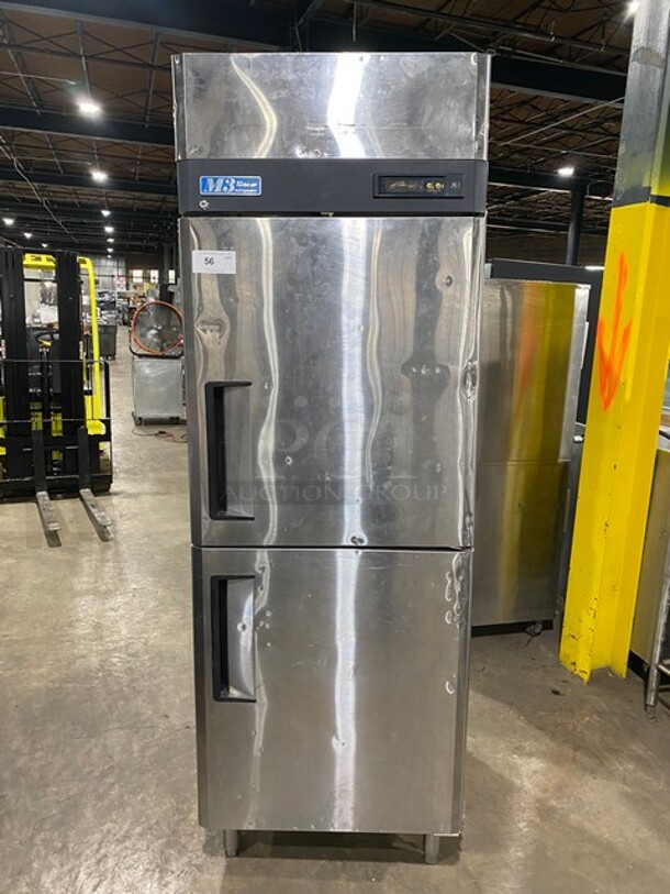 Turbo Air Commercial Split Door Reach In Refrigerator! With Poly Coated Racks! All Stainless Steel! On Legs! Model: M3R242 SN: M3R2H65002 115V 60HZ 1 Phase