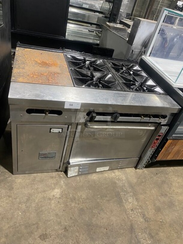 WOW! Southbend Commercial Natural Gas Powered 4 Burner Stove With Left Side French Top/ Hot Plate Combo! With Oven Underneath! With Small Single Door Storage Space! All Stainless Steel!