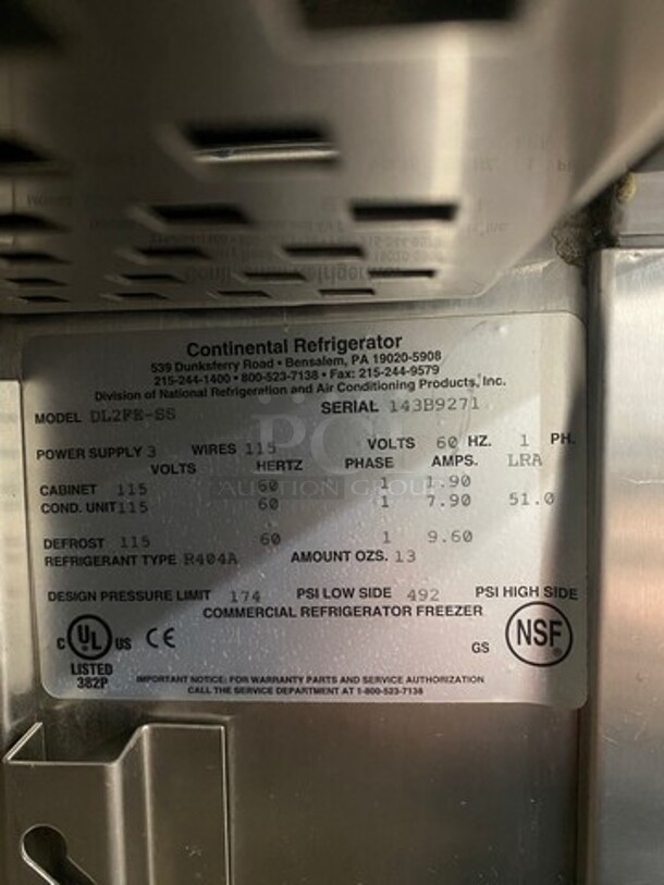 Continental Commercial 2 Door Reach In Freezer! Solid Stainless Steel! On Casters! Model: DL2FESS SN: 143B9271 115V 60HZ 1 Phase - Image 7 of 9