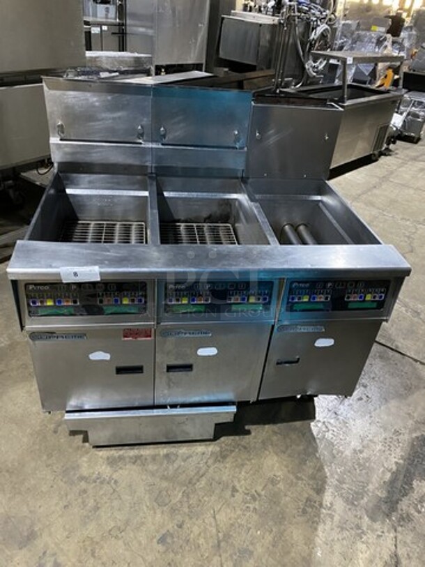 Wow! Pitco Soltice Supreme Natural Gas Powered 3 Bay Deep Fat Fryer! With Digital Control Board! With Oil Filter System! Model SS1460 Serial G13L0061464! With Night Covers! On Casters!  - Image 5 of 12