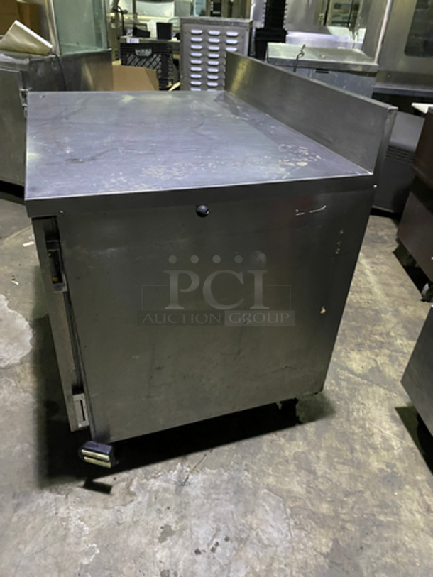 Custom Cool Commercial Work/Prep Table! With Backsplash! With Refrigerated 2 Door Underneath Storage! All Stainless Steel! On Casters! - Image 2 of 8