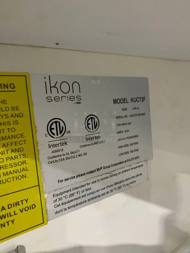 Ikon Stainless Steel Commercial 3 Door Undercounter Freezer on Commercial Casters! MODEL KUC72F SN: KUC72F9024462 115V  - Image 7 of 7