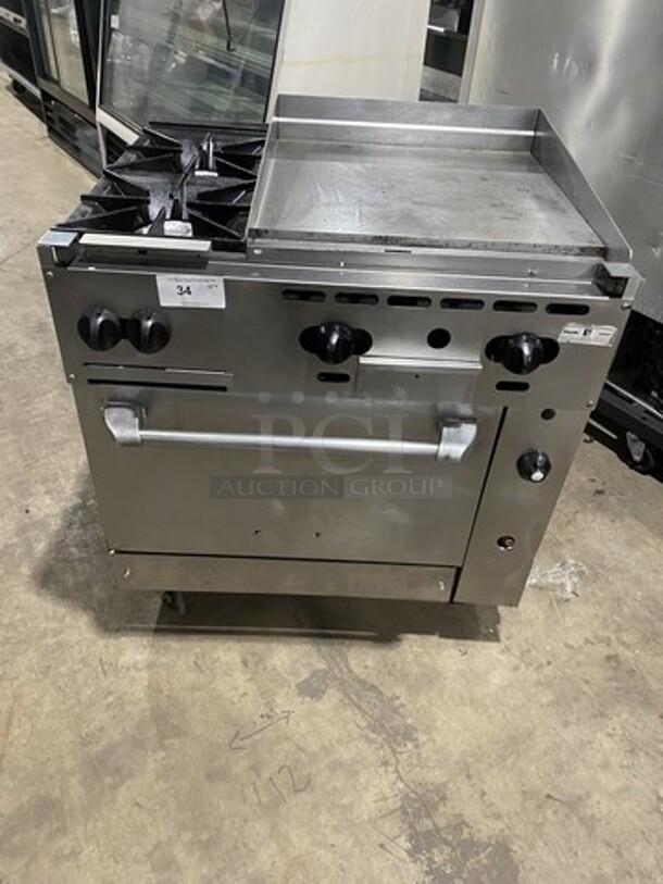 WOW! Vulcan Heavy Duty Natural Gas Powered 2 Burner Range With 24 Inch Flat Grill Combo! Model SGS2B24GN Serial 481883161! On Commercial Casters! 