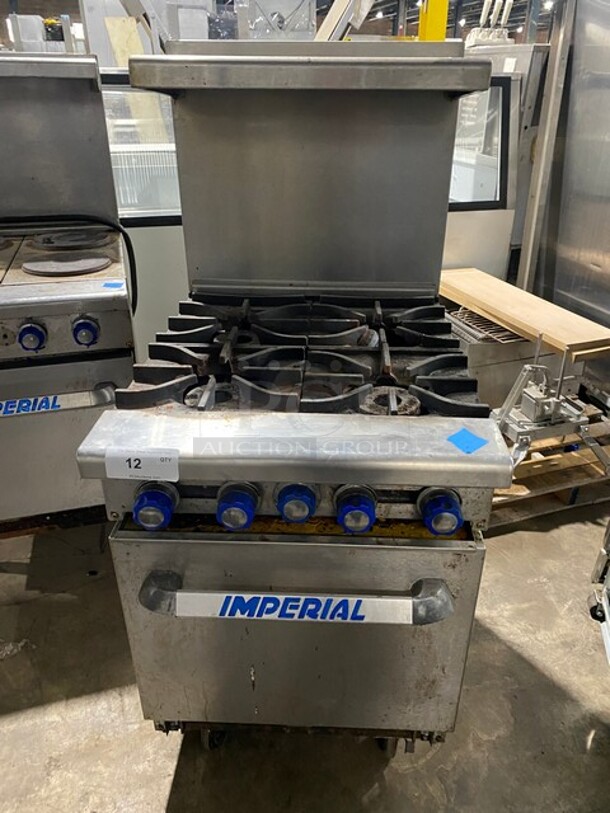 Imperial Commercial Natural Gas Powered 4 Burner Stove! With Raised Back Splash And Salamander Shelf! With Oven Underneath! All Stainless Steel! On Casters! 