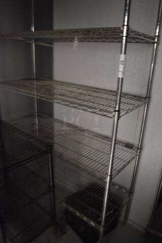 Chrome Finish 4 Tier Wire Shelving Unit. BUYER MUST DISMANTLE. PCI CANNOT DISMANTLE FOR SHIPPING. PLEASE CONSIDER FREIGHT CHARGES.
 48x18x75. (kitchen)