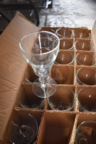 3 Boxes of Various BRAND NEW Glasses; 21 Steelite Nick & Nora 3x3x6 Wine Glasses, 34 Libbey 279U 4x4x2.25 Glass Punch Mugs and 35 Libbey 8054 Georgian 3x3x6 Irish Coffee Glasses. 3 Times Your Bid!